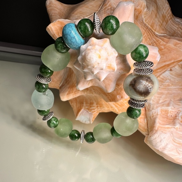 GAMBLER AMAZONITE + SEA GLASS STONES NATURAL BRACELET size 7” - Picture 3 of 15